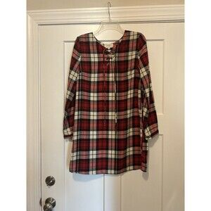 Everly Plaid Red Lace Up Long Sleeve Split Neck T-Shirt Dress Tunic Women Medium